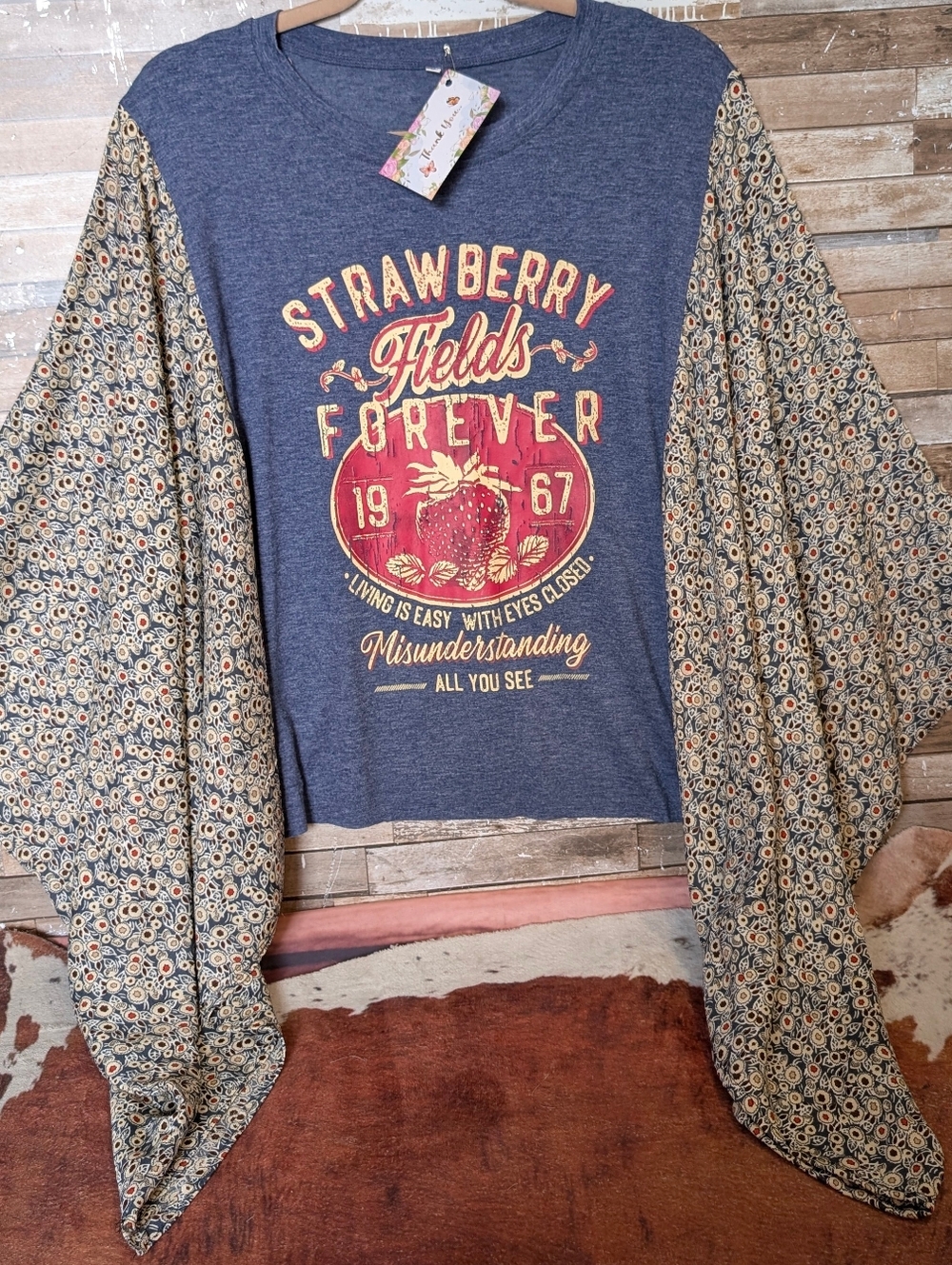 The Beatles Strawberry Fields Graphic W Boho Bat Winged Sleeves - Picture 5 of 10